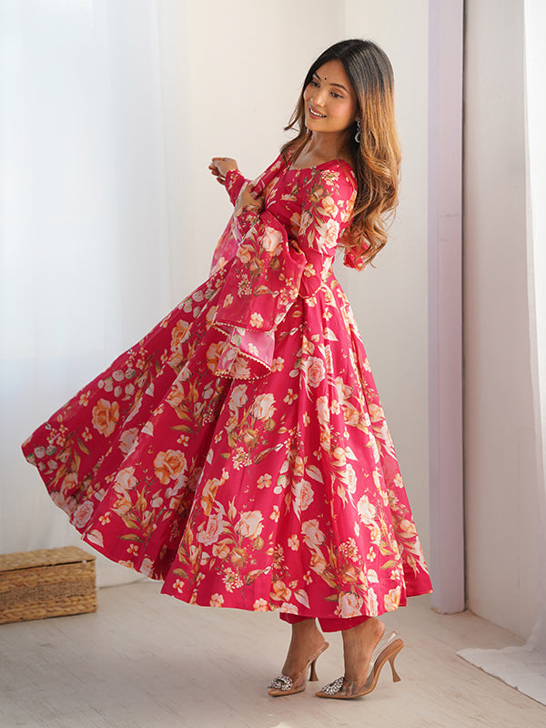 Pink Flower Printed Anarkali Gown With Pant & Dupatta Set