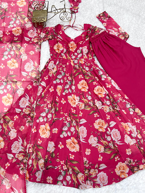 Pink Flower Printed Anarkali Gown With Pant & Dupatta Set