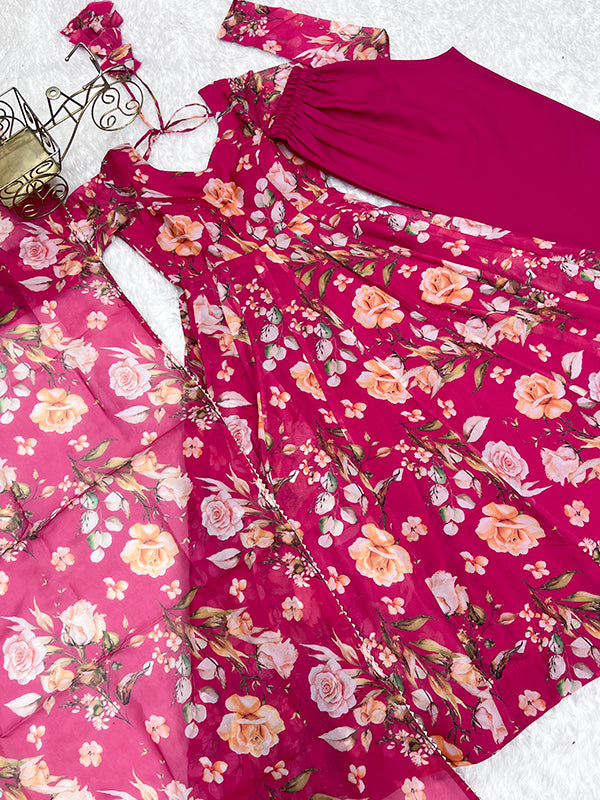 Pink Flower Printed Anarkali Gown With Pant & Dupatta Set