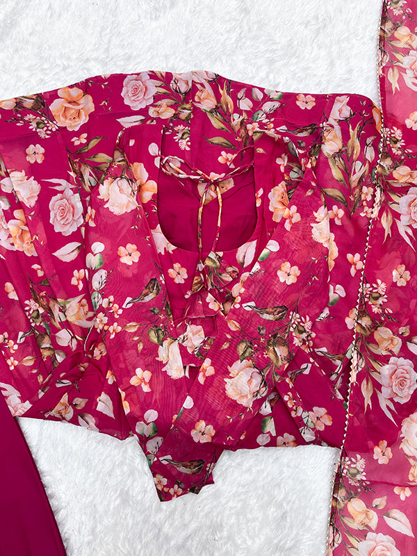 Pink Flower Printed Anarkali Gown With Pant & Dupatta Set