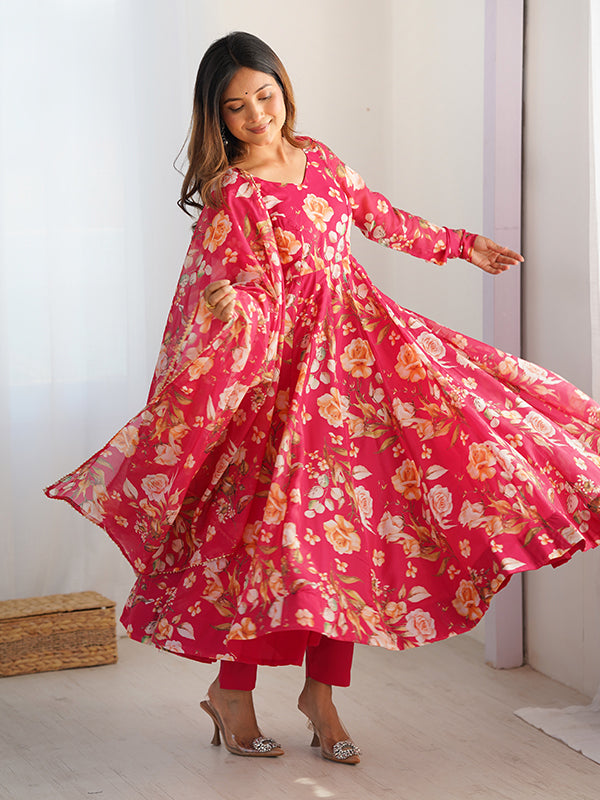 Pink Flower Printed Anarkali Gown With Pant & Dupatta Set