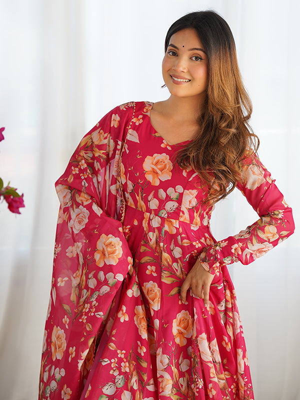 Pink Flower Printed Anarkali Gown With Pant & Dupatta Set