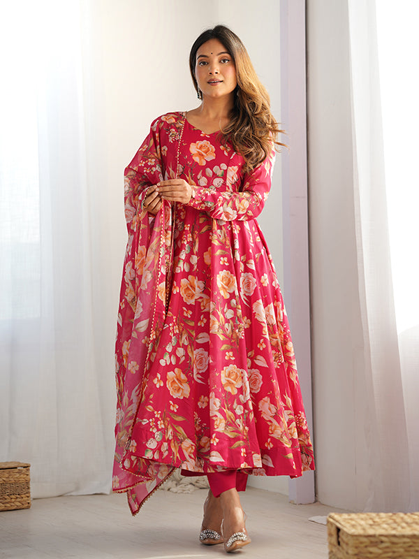 Pink Flower Printed Anarkali Gown With Pant & Dupatta Set