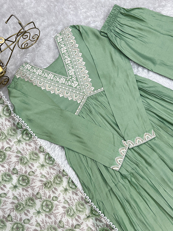 Pista Embroidered Anarkali Gown With Pant & Dupatta Set