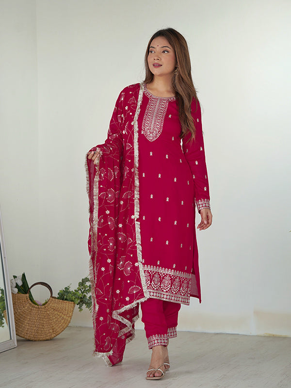 Pink Silk Embroidered Straight Kurti With Pant & Dupatta Set