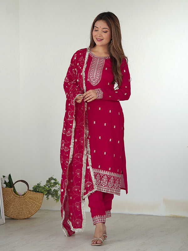 Pink Silk Embroidered Straight Kurti With Pant & Dupatta Set