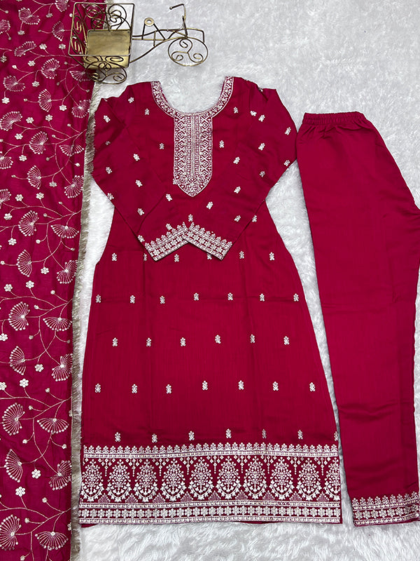 Pink Silk Embroidered Straight Kurti With Pant & Dupatta Set