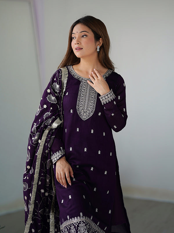 Purple Silk Embroidered Straight Kurti With Pant & Dupatta Set