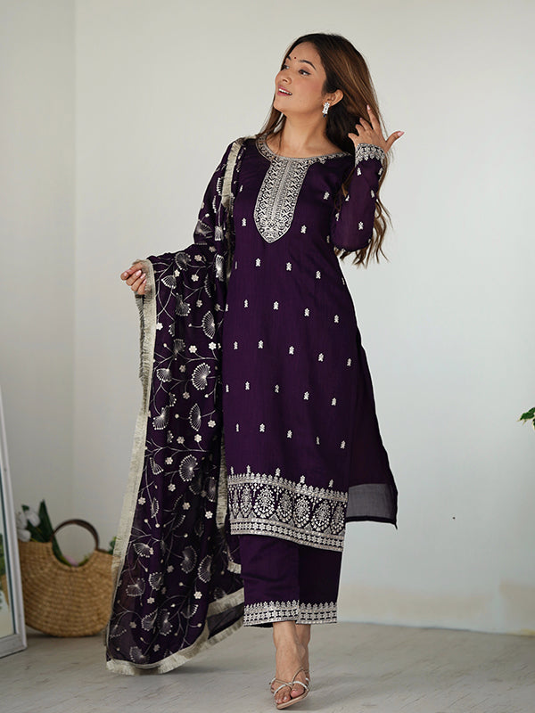 Purple Silk Embroidered Straight Kurti With Pant & Dupatta Set