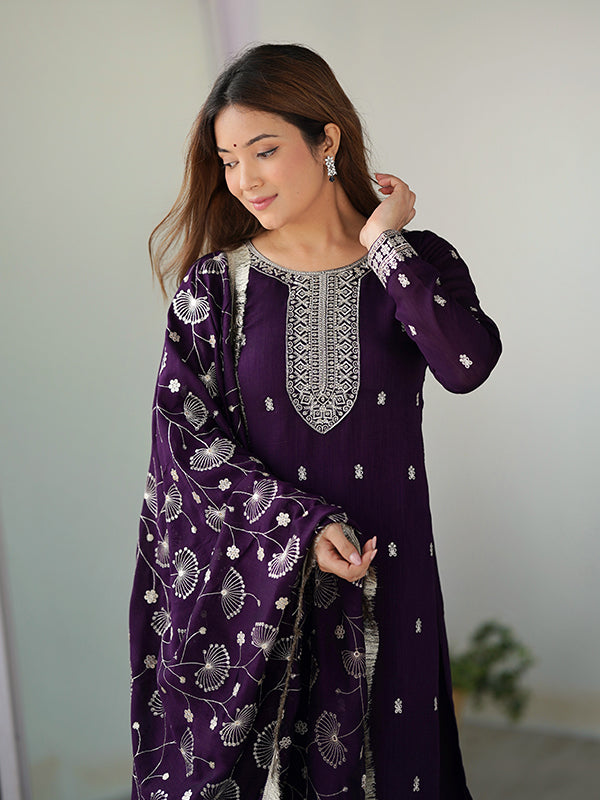 Purple Silk Embroidered Straight Kurti With Pant & Dupatta Set