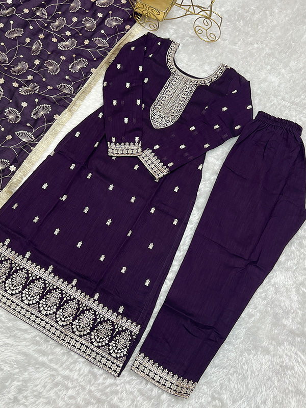 Purple Silk Embroidered Straight Kurti With Pant & Dupatta Set
