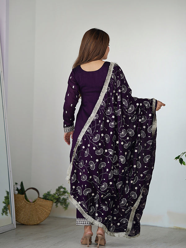 Purple Silk Embroidered Straight Kurti With Pant & Dupatta Set
