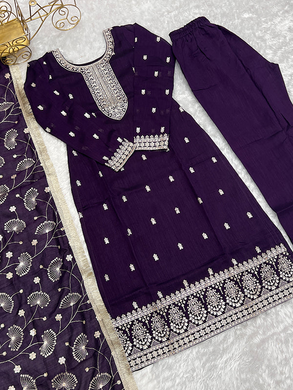 Purple Silk Embroidered Straight Kurti With Pant & Dupatta Set