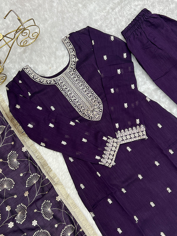 Purple Silk Embroidered Straight Kurti With Pant & Dupatta Set