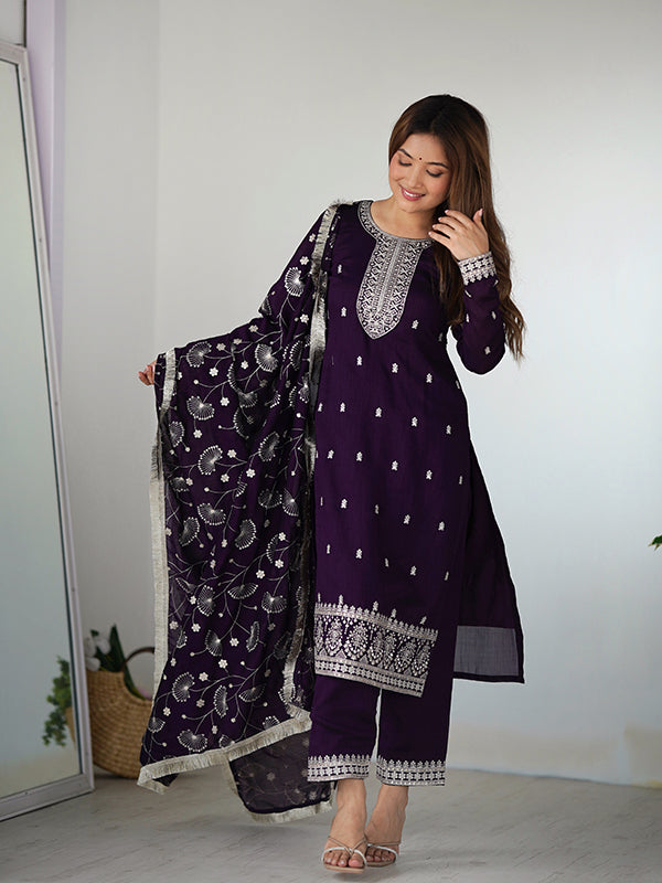 Purple Silk Embroidered Straight Kurti With Pant & Dupatta Set