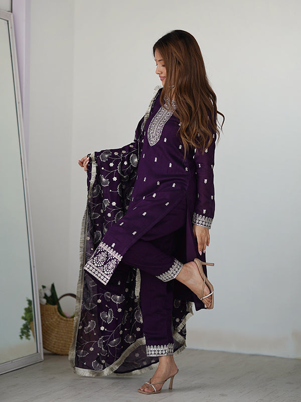Purple Silk Embroidered Straight Kurti With Pant & Dupatta Set