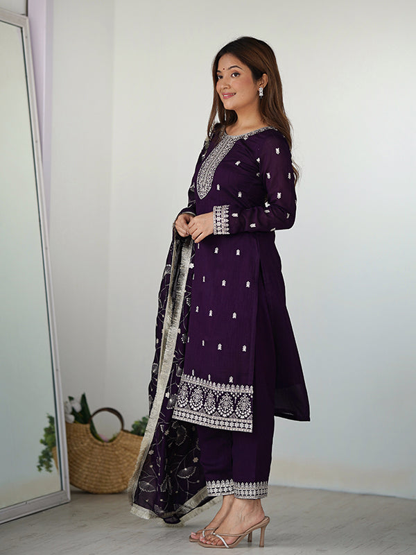 Purple Silk Embroidered Straight Kurti With Pant & Dupatta Set