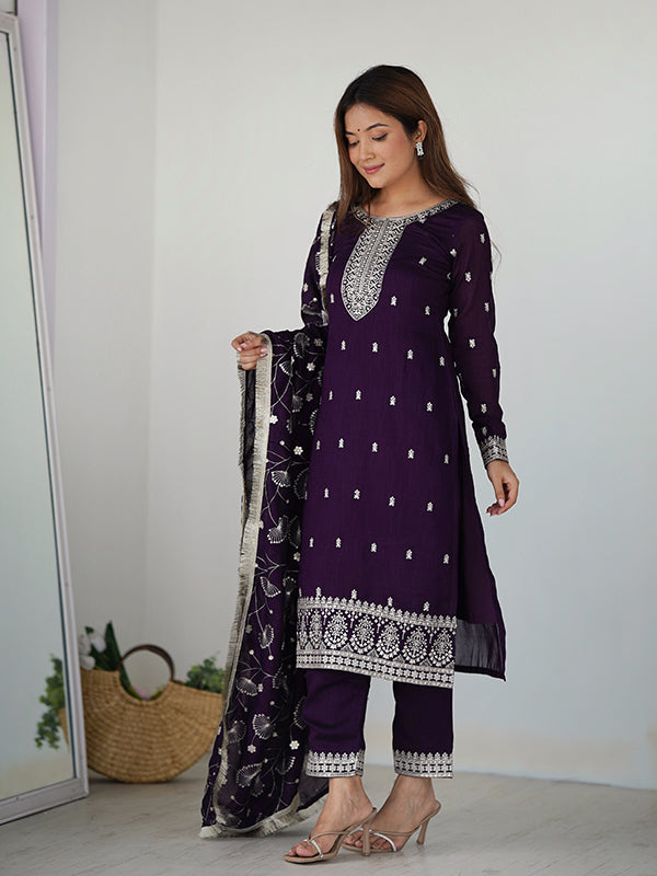 Purple Silk Embroidered Straight Kurti With Pant & Dupatta Set
