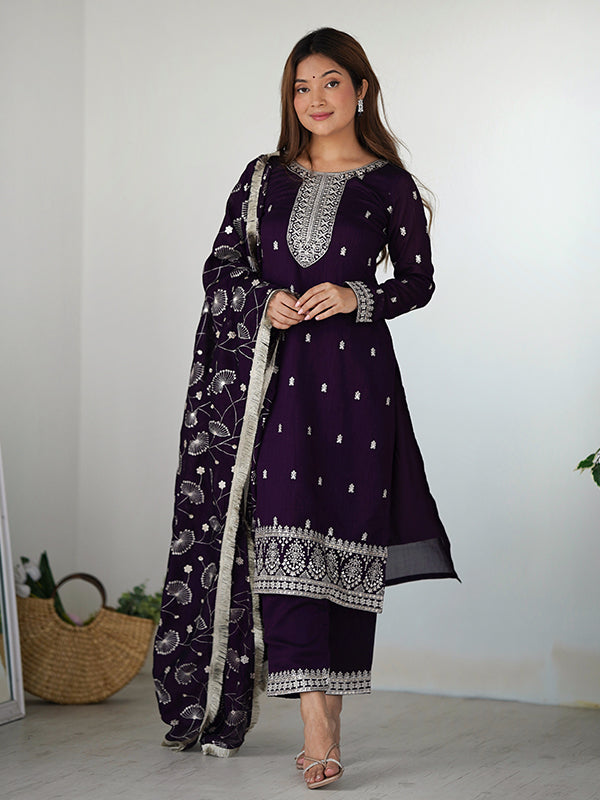 Purple Silk Embroidered Straight Kurti With Pant & Dupatta Set