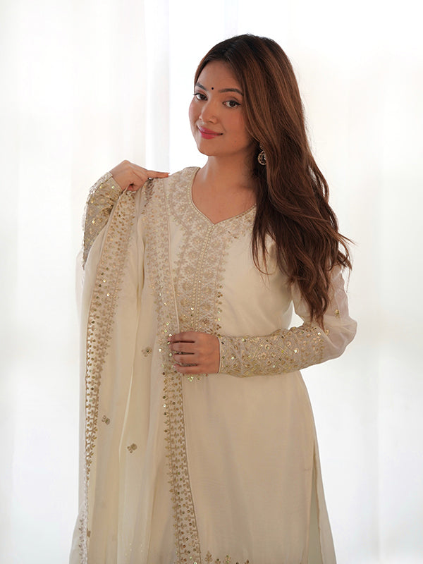 Off White Silk Embroidered Straight Kurti With Pant & Dupatta Set