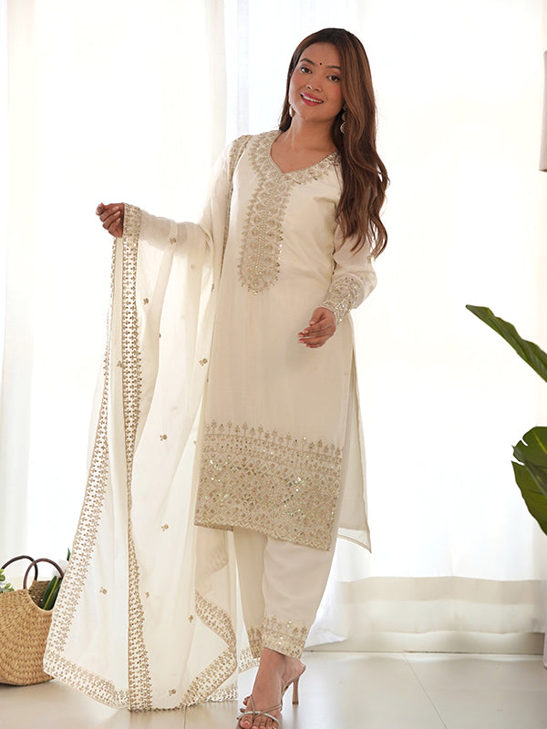 Off White Silk Embroidered Straight Kurti With Pant & Dupatta Set