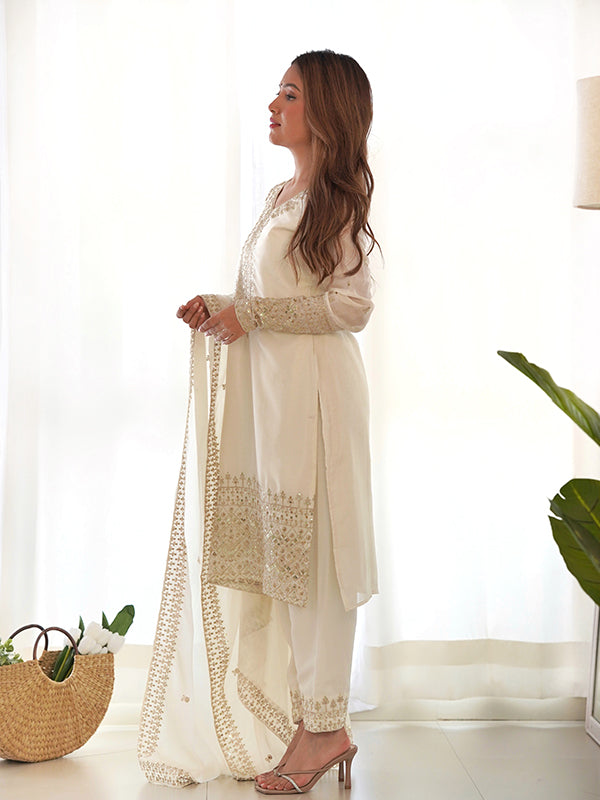 Off White Silk Embroidered Straight Kurti With Pant & Dupatta Set