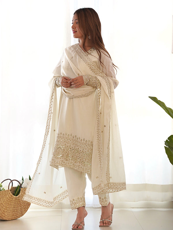 Off White Silk Embroidered Straight Kurti With Pant & Dupatta Set