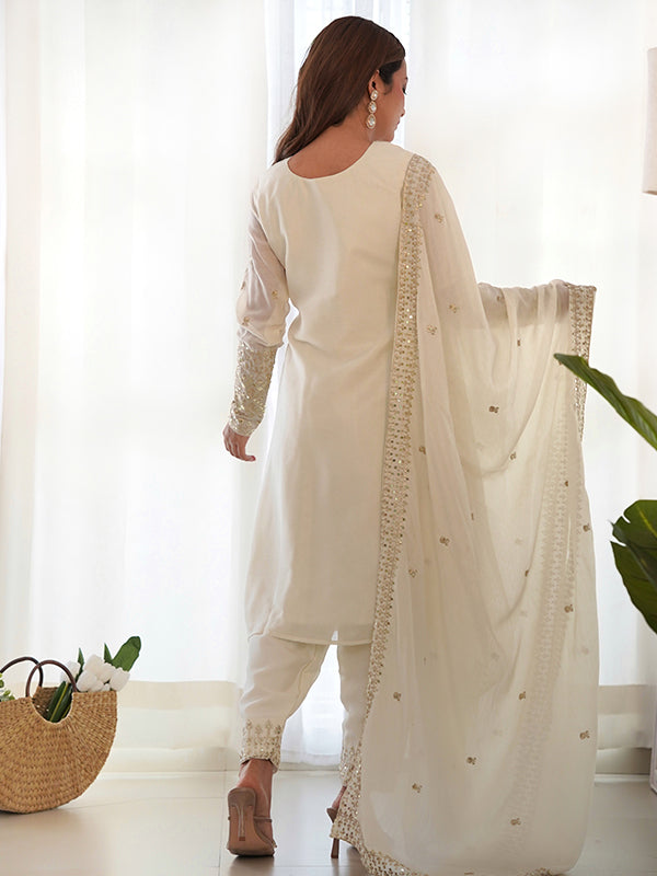 Off White Silk Embroidered Straight Kurti With Pant & Dupatta Set