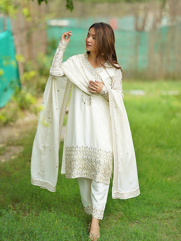 Off White Silk Embroidered Straight Kurti With Pant & Dupatta Set