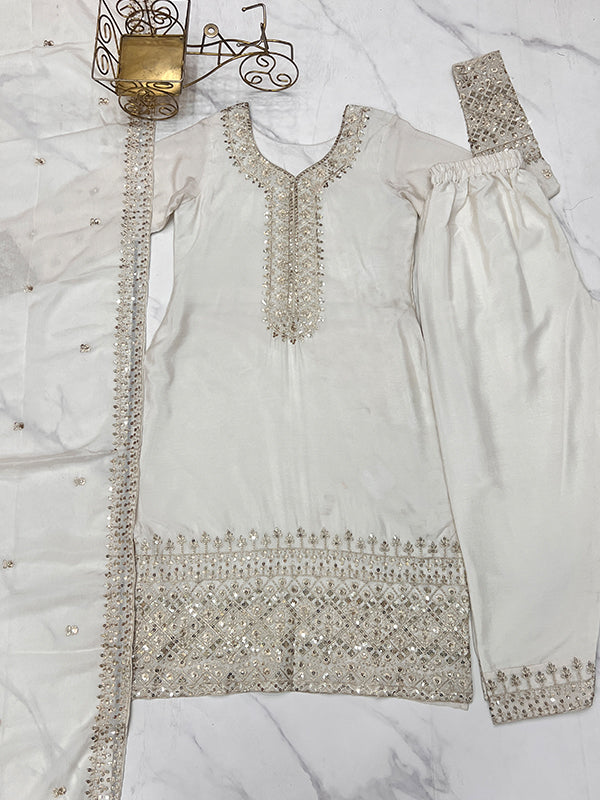 Off White Silk Embroidered Straight Kurti With Pant & Dupatta Set