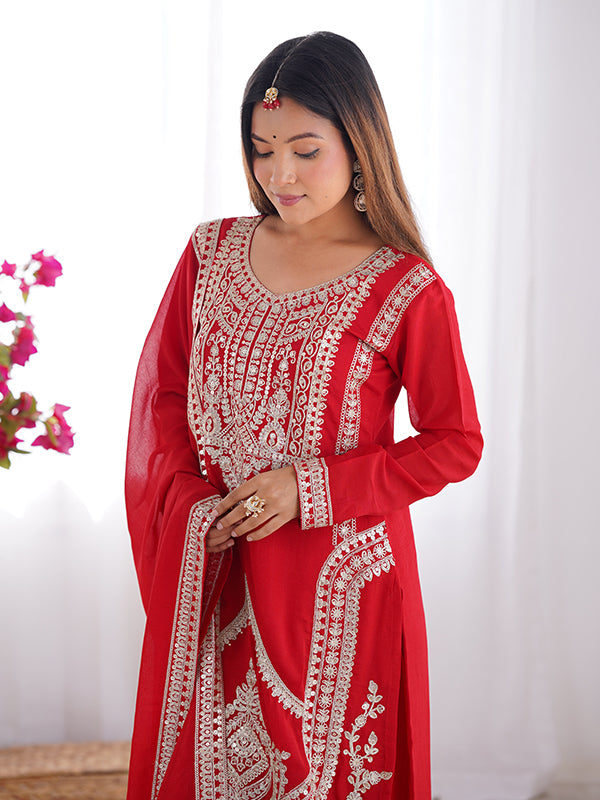 Red Silk Embroidered Straight Kurti With Pant & Dupatta Set