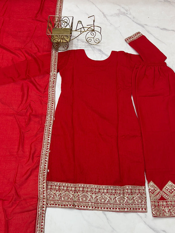 Red Silk Embroidered Straight Kurti With Pant & Dupatta Set