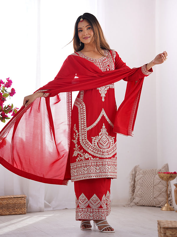 Red Silk Embroidered Straight Kurti With Pant & Dupatta Set
