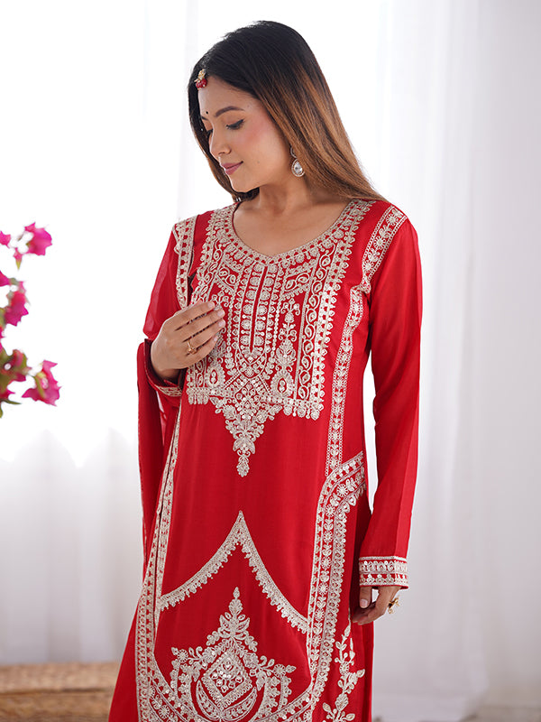 Red Silk Embroidered Straight Kurti With Pant & Dupatta Set