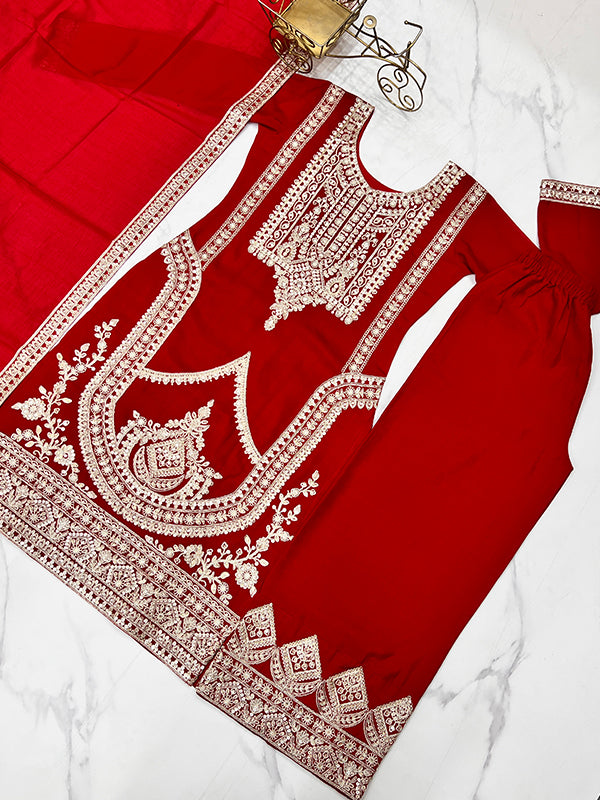 Red Silk Embroidered Straight Kurti With Pant & Dupatta Set