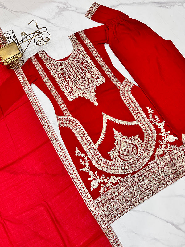 Red Silk Embroidered Straight Kurti With Pant & Dupatta Set