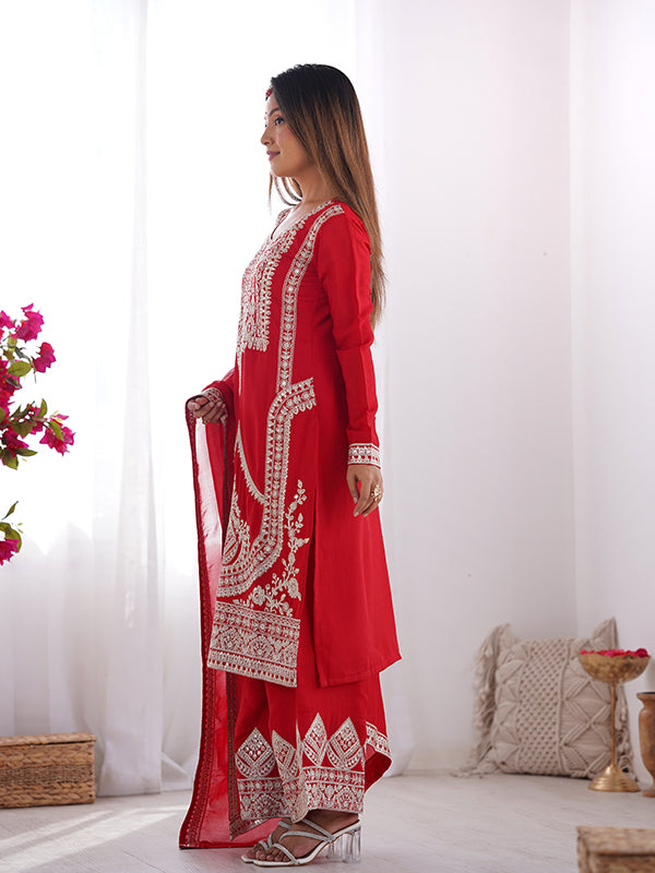 Red Silk Embroidered Straight Kurti With Pant & Dupatta Set