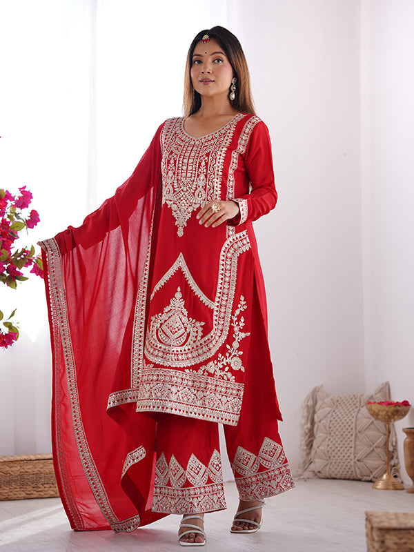 Red Silk Embroidered Straight Kurti With Pant & Dupatta Set