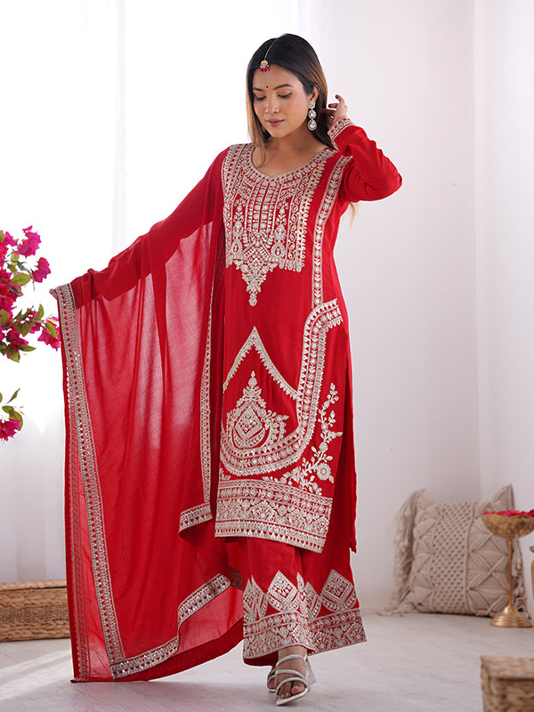 Red Silk Embroidered Straight Kurti With Pant & Dupatta Set