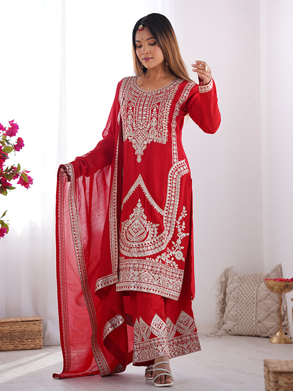 Red Silk Embroidered Straight Kurti With Pant & Dupatta Set