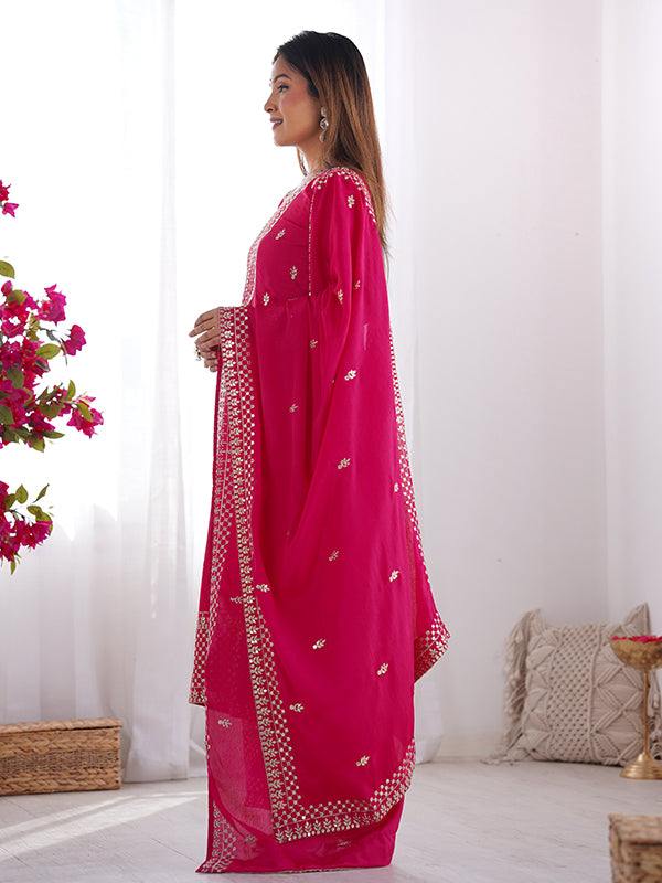 Pink Chinon Silk Straight Kurti With Pant & Dupatta Set