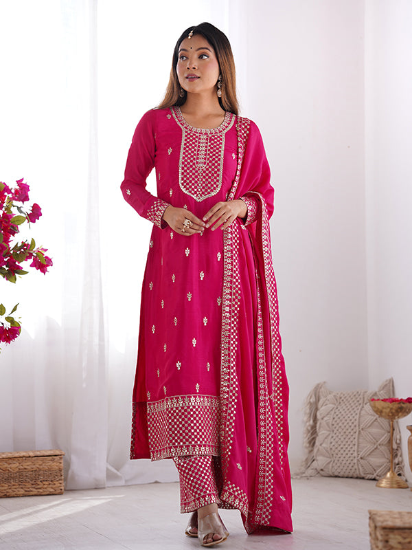 Pink Chinon Silk Straight Kurti With Pant & Dupatta Set