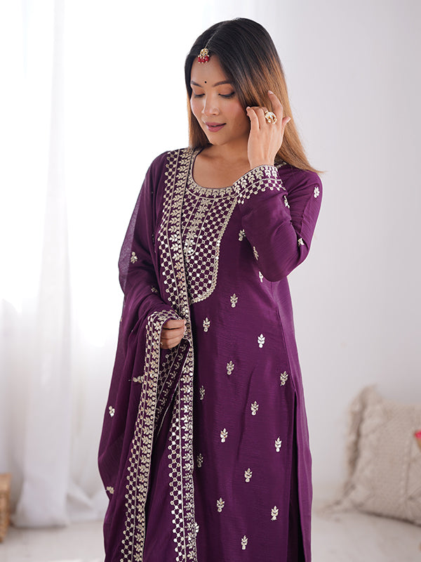 Wine Chinon Silk Straight Kurti With Pant & Dupatta Set