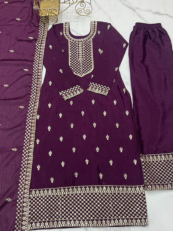 Wine Chinon Silk Straight Kurti With Pant & Dupatta Set