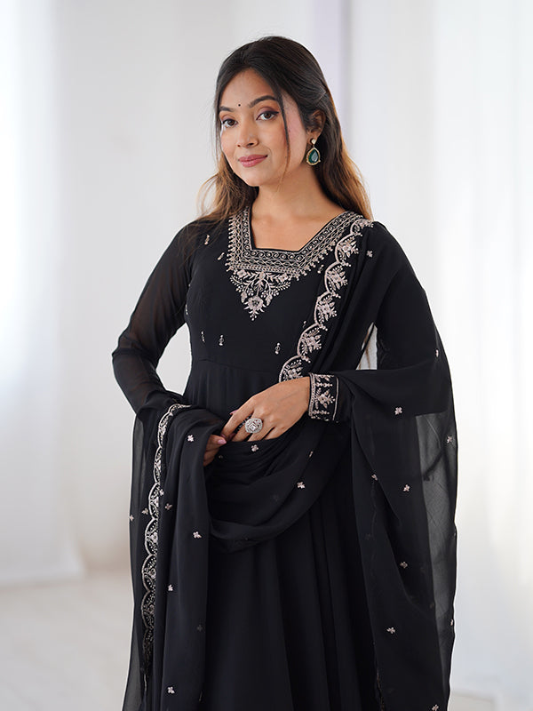 Black Georgette Anarkali Gown With Pant & Dupatta Set