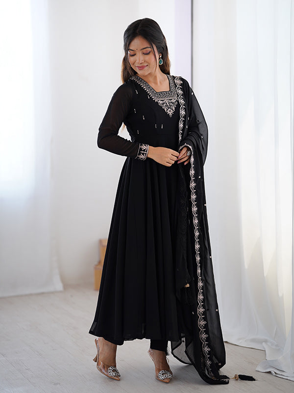 Black Georgette Anarkali Gown With Pant & Dupatta Set