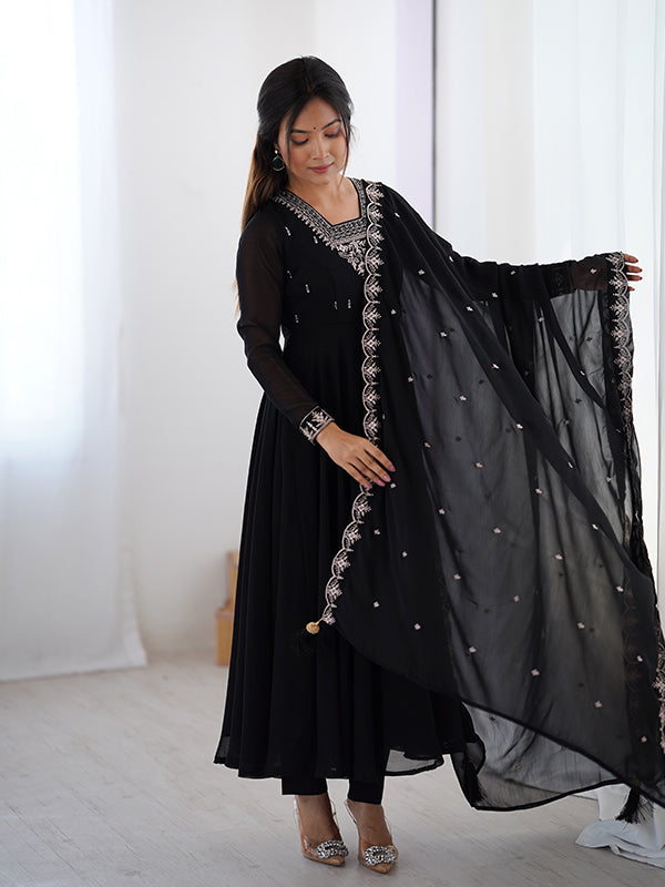 Black Georgette Anarkali Gown With Pant & Dupatta Set