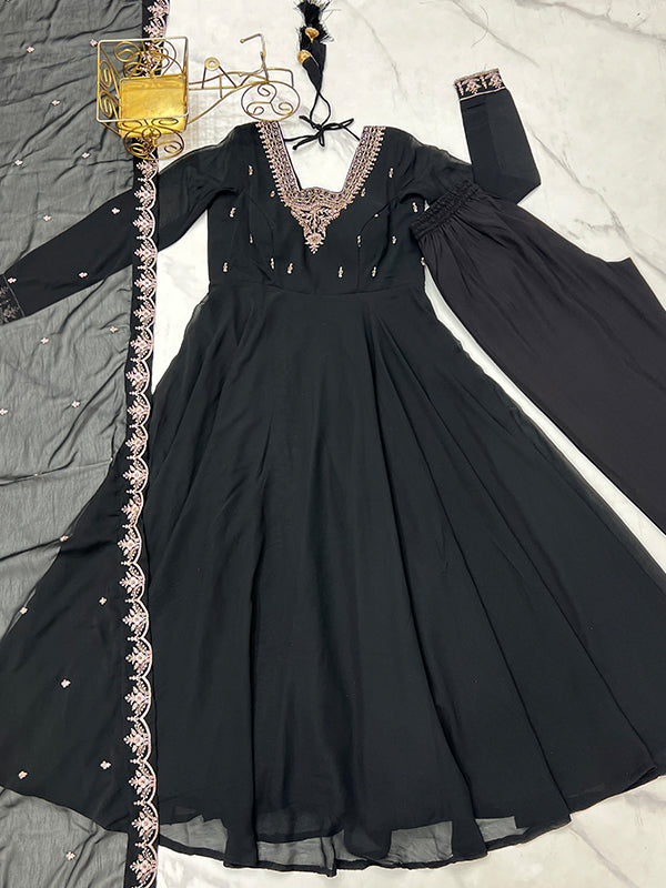 Black Georgette Anarkali Gown With Pant & Dupatta Set