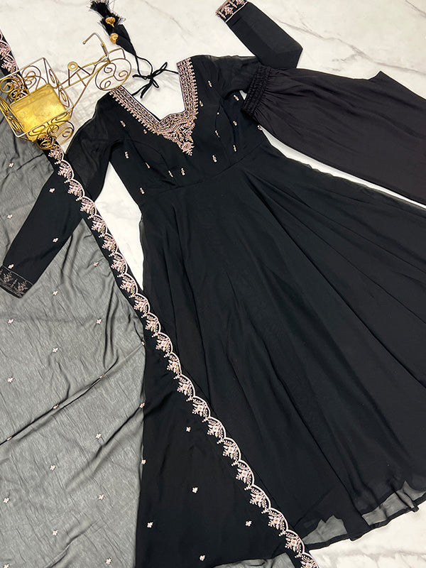 Black Georgette Anarkali Gown With Pant & Dupatta Set
