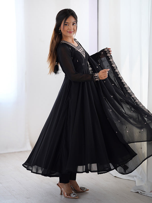 Black Georgette Anarkali Gown With Pant & Dupatta Set